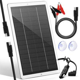 Saillong 12V solar car charger in sun maintains car battery charge.