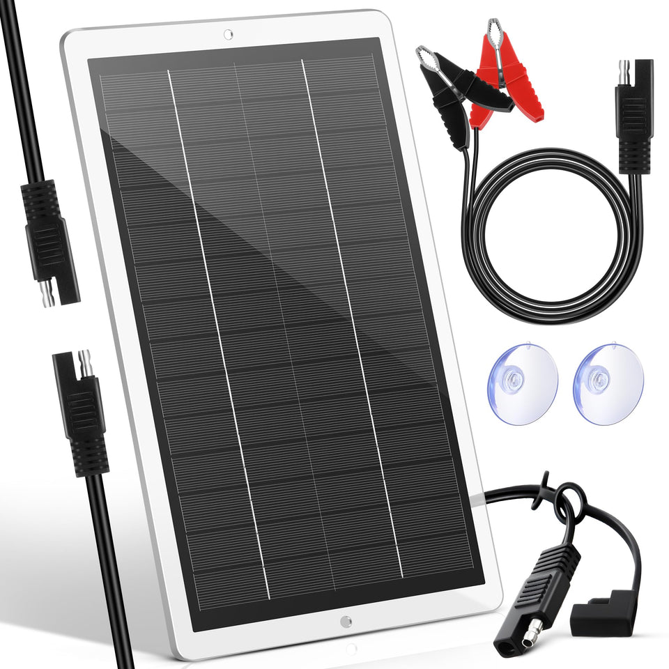 Saillong 12V solar car charger in sun maintains car battery charge.