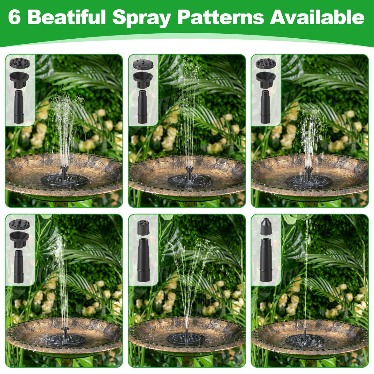 Saillong six-nozzle fountain patterns enabling varied water styles for dynamic gardens.