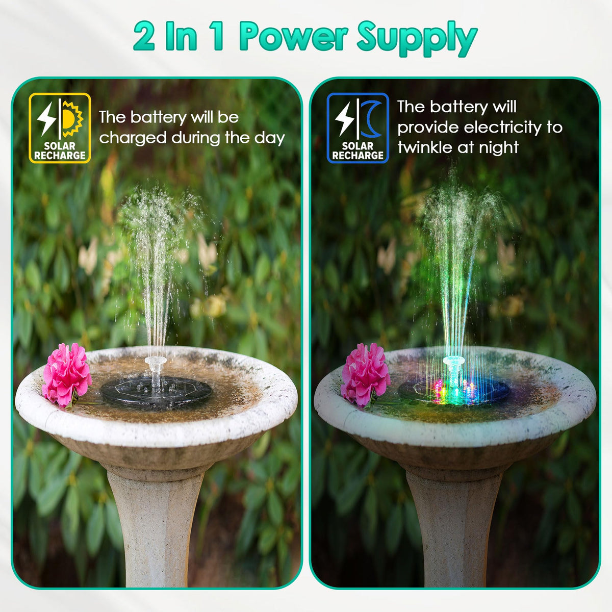 Saillong solar bird bath pump with LED lights brightens evening garden water display.