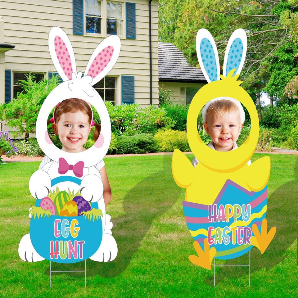 Sakayo Easter bunny yard sign with stakes for outdoor decor and photo opportunities.