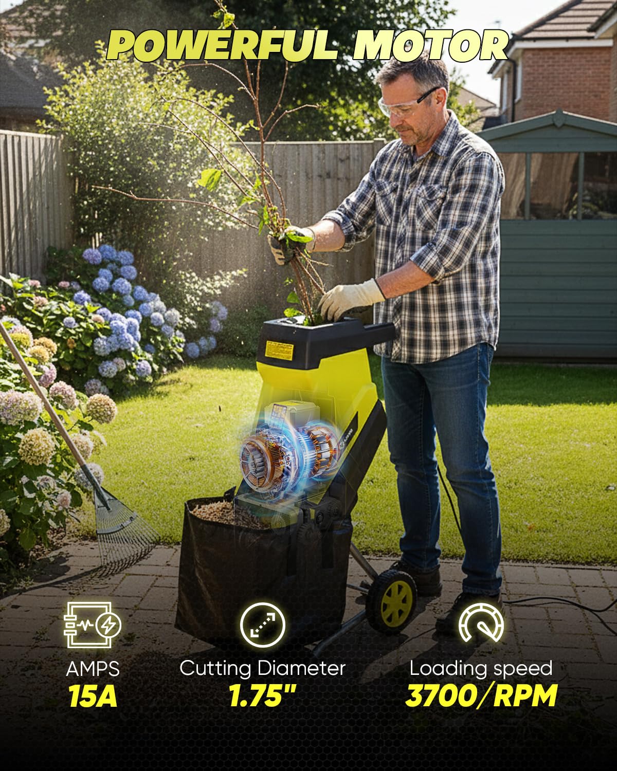 Saker double-sided blade shredding material into fine mulch