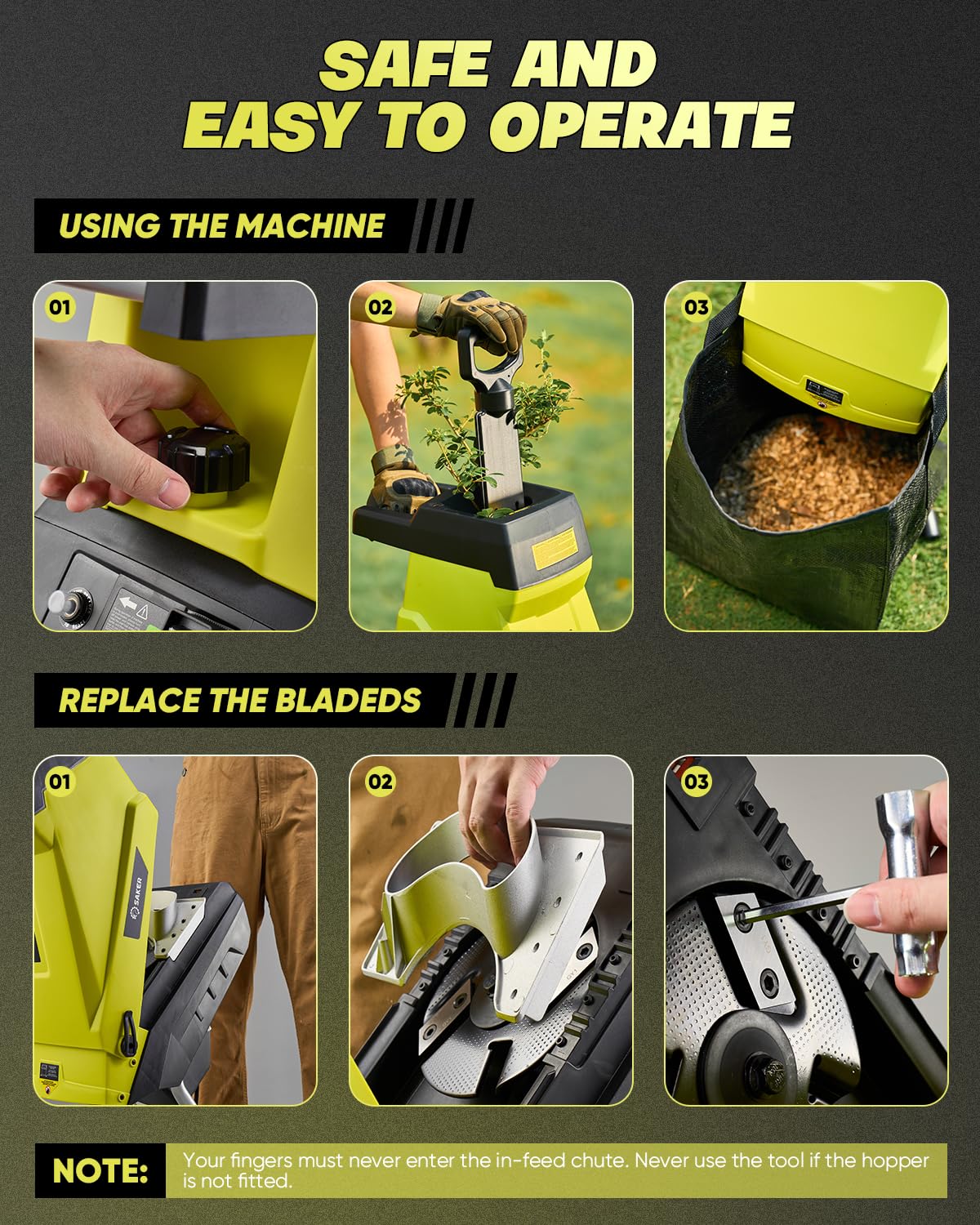 Saker durable steel blade system for efficient chipping