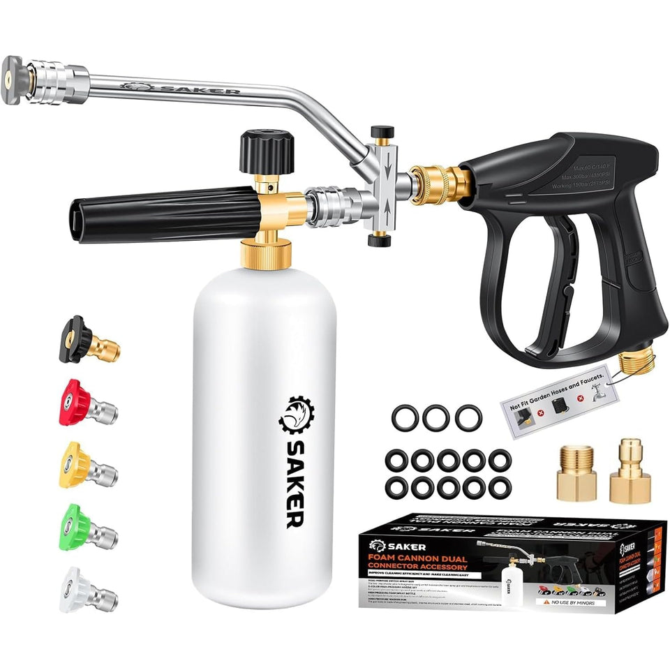 Saker foam cannon dual connector delivers rich foam for efficient car washing.