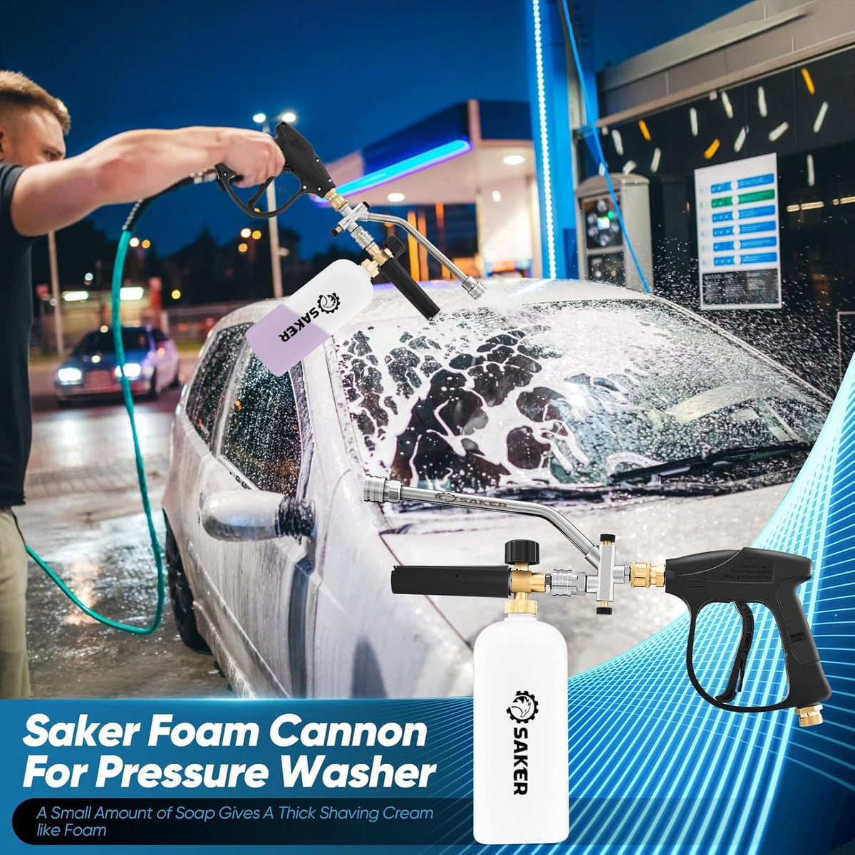 Saker four-piece cleaning set includes gun, bottle, and five nozzles.