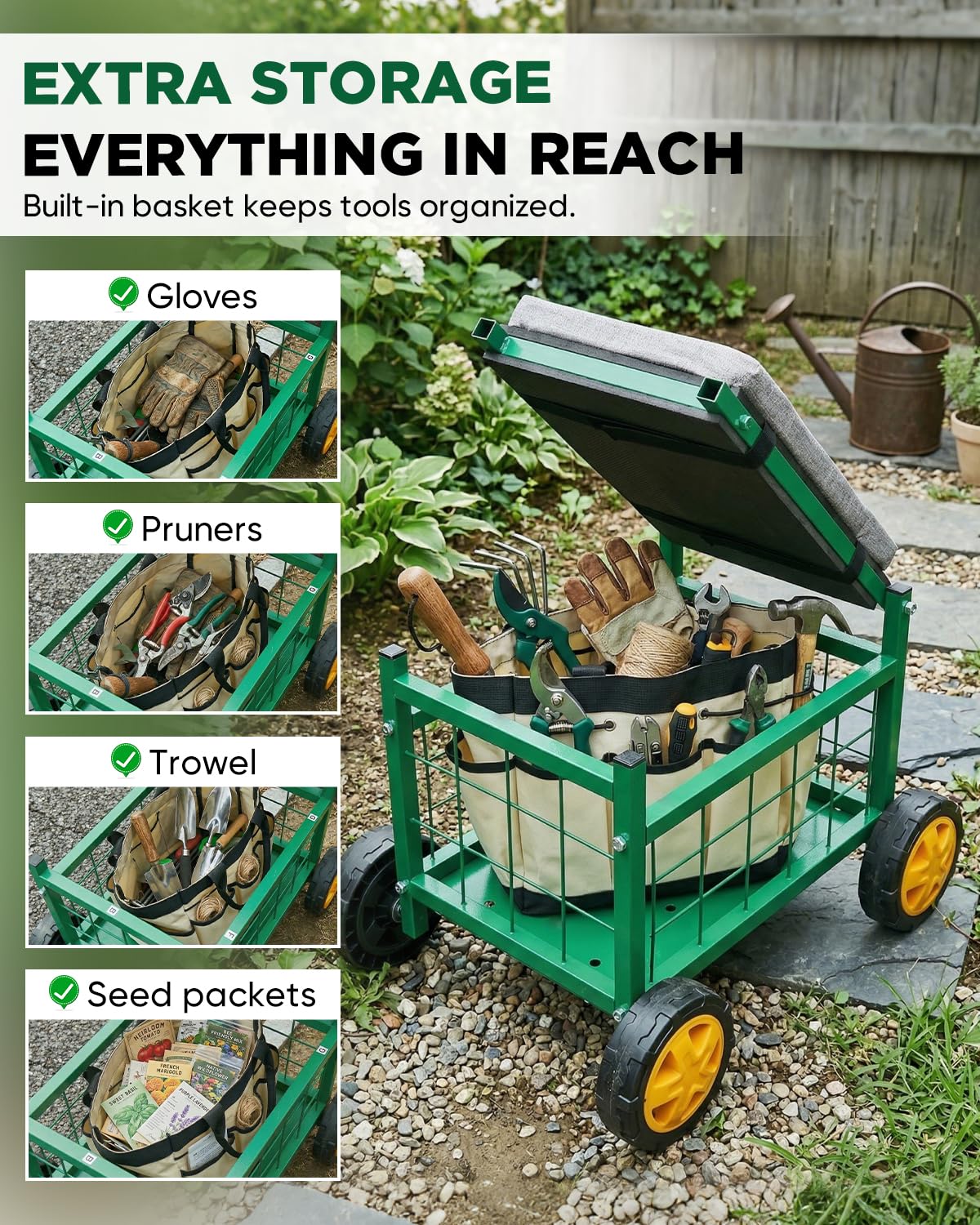 Saker garden cart 4-in-1 versatility for seating, kneeling, storage