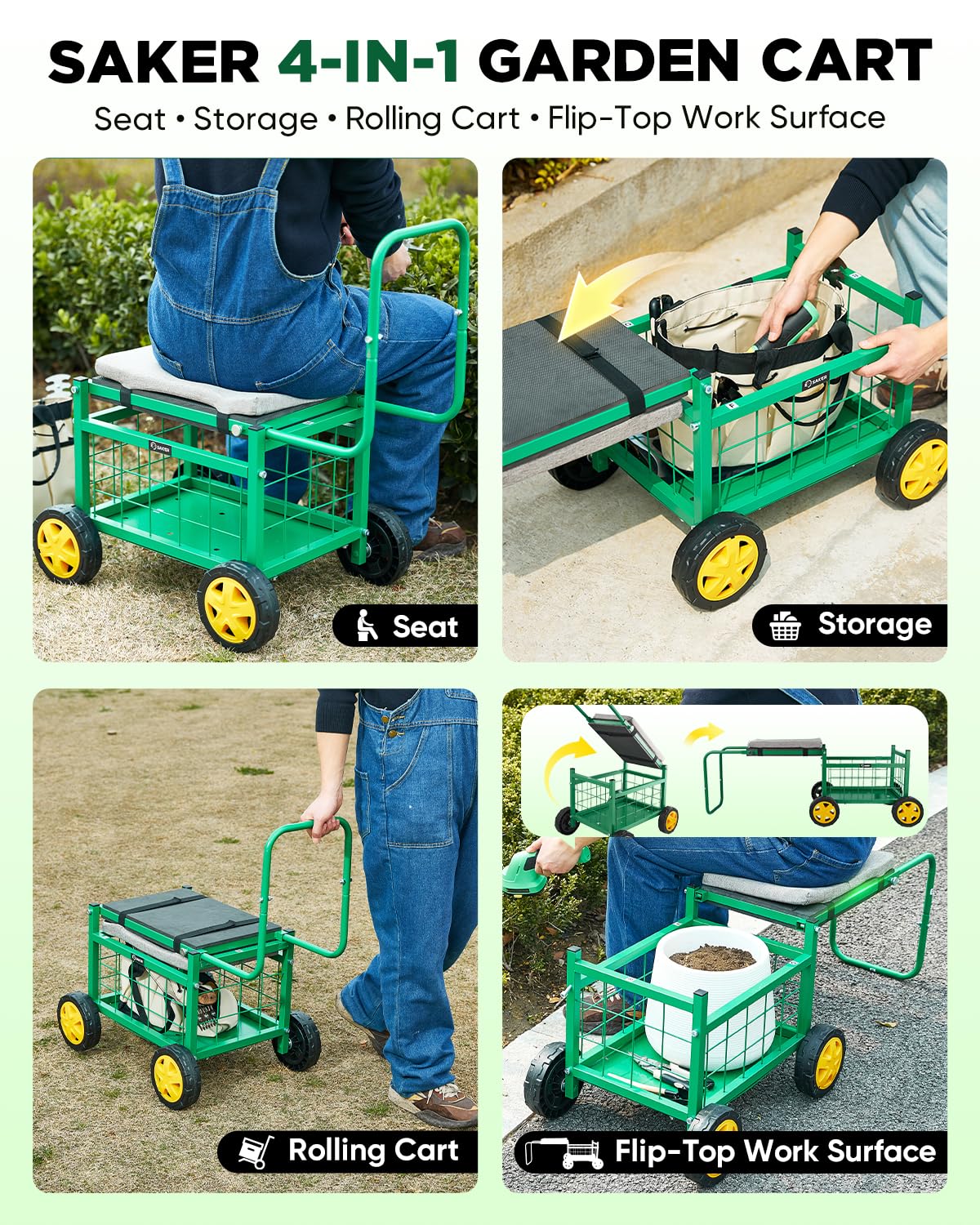 Saker garden cart ergonomic handle enables easy sitting and moving