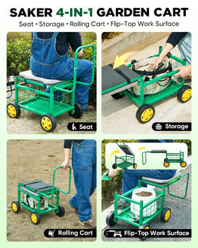 Saker garden cart ergonomic handle enables easy sitting and moving