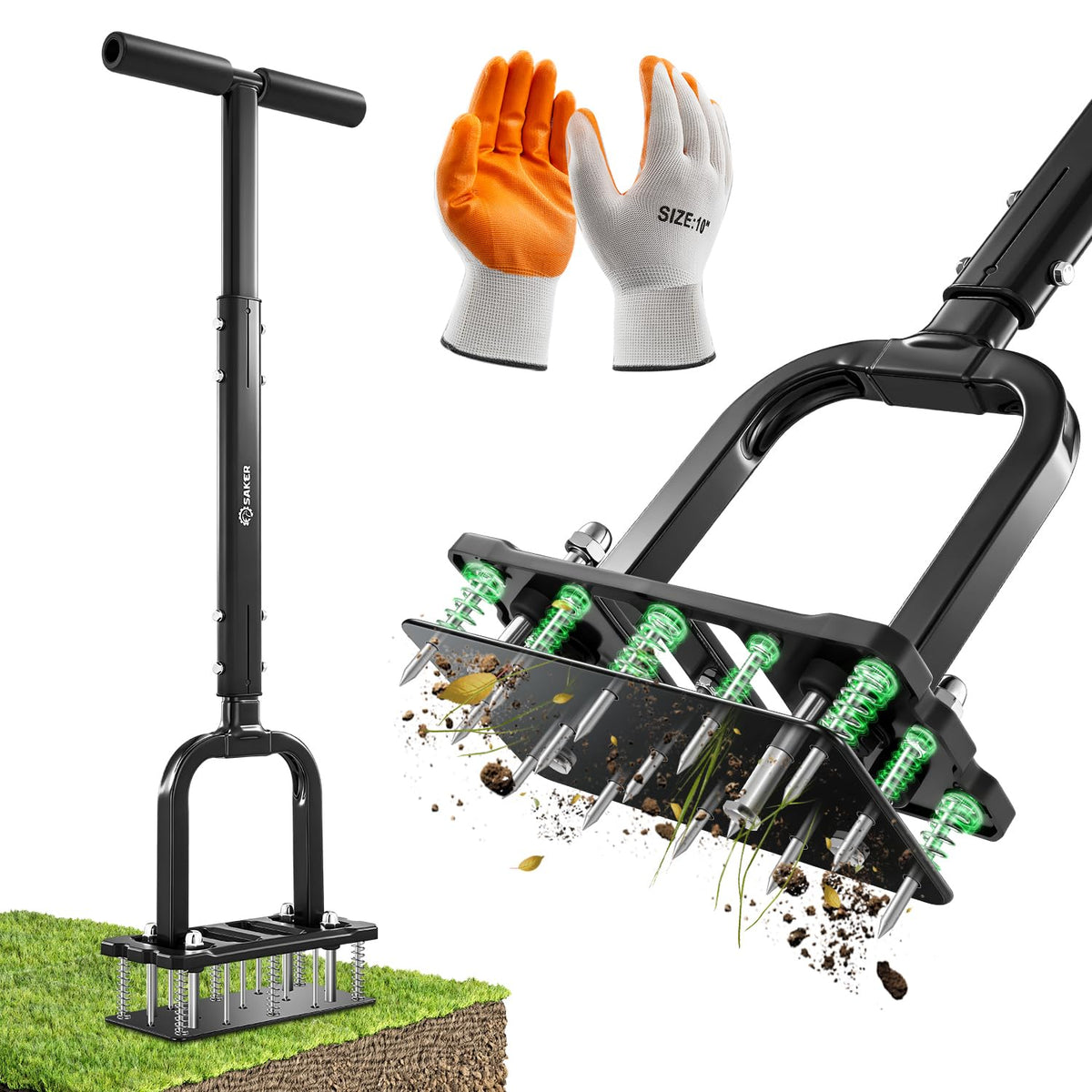 Saker lawn aerator with 15 spikes penetrating soil for quick aeration.