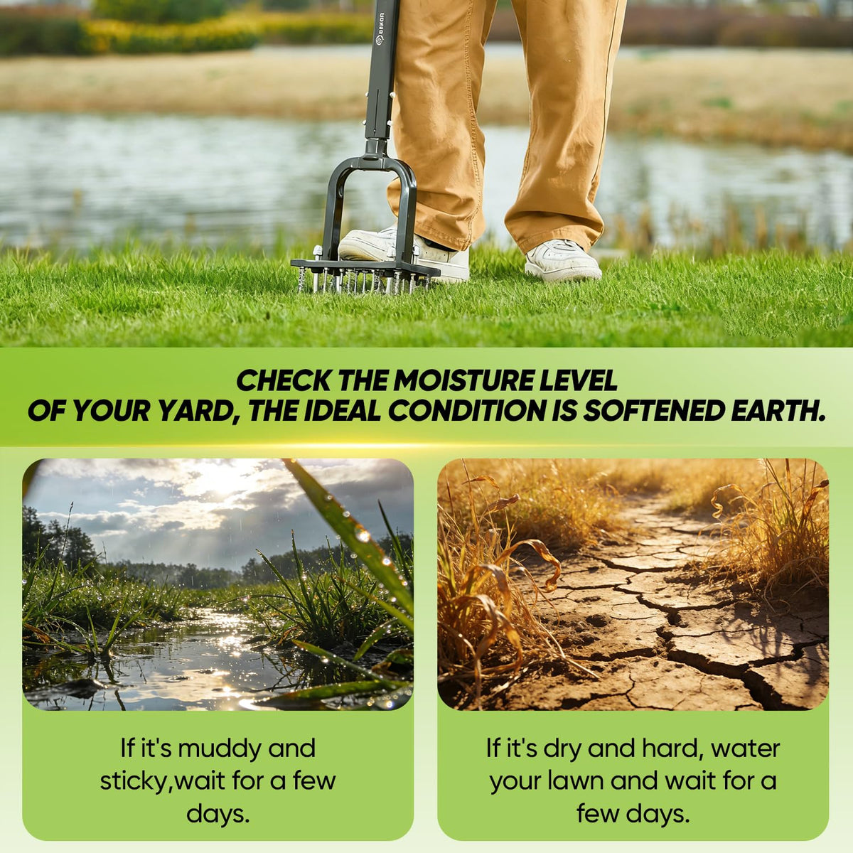 Adjustable height on Saker lawn aerator accommodates different user heights.