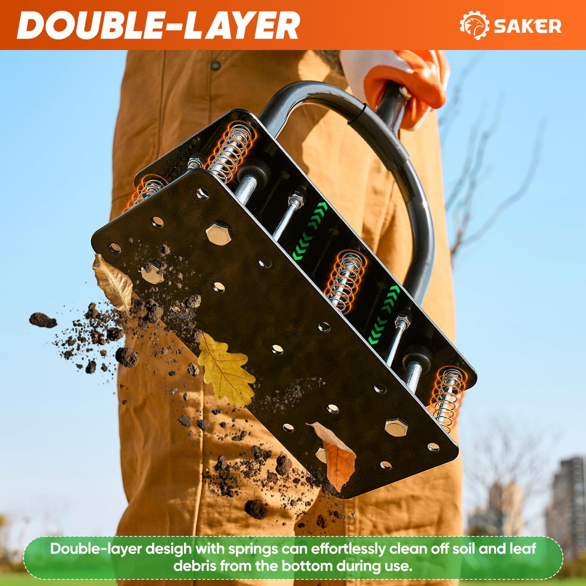 Saker aerator's double-layer spring system ejects soil for smoother operation.