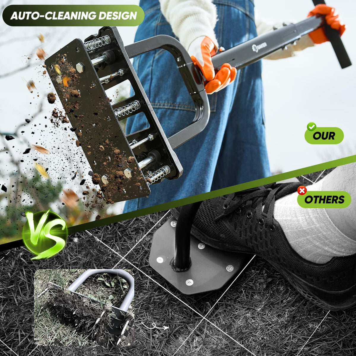 Double-layer spring on Saker aerator eases debris ejection after aeration.