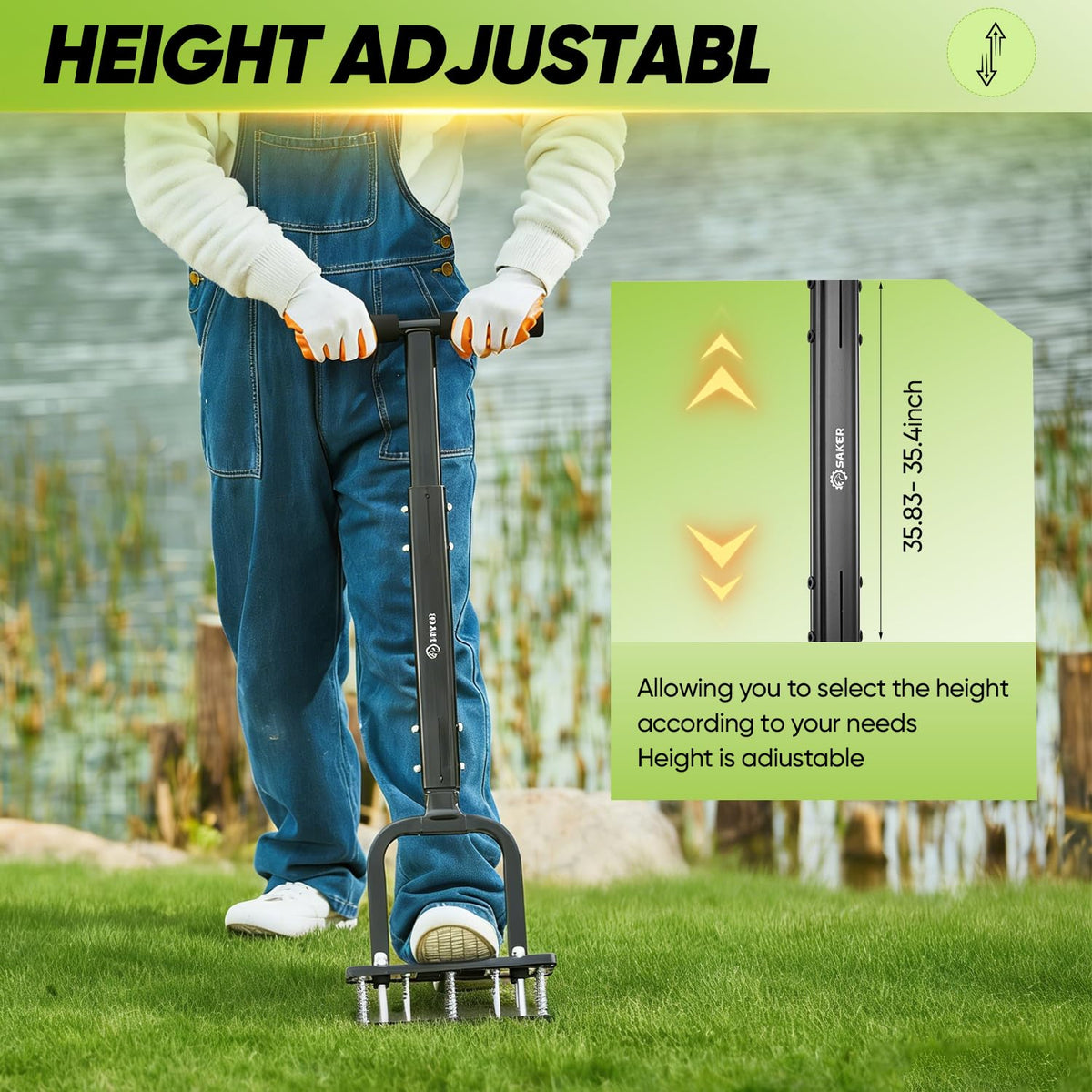 Dark black finish of Saker aerator blends with garden tools.