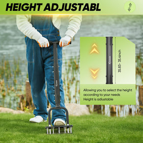 Dark black finish of Saker aerator blends with garden tools.