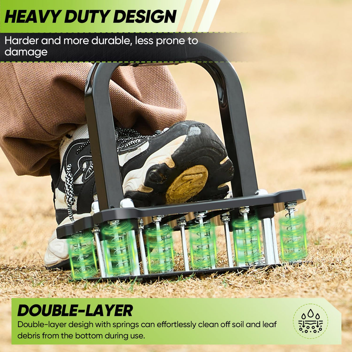 Spring-loaded design of Saker lawn aerator enables easy soil loosening.