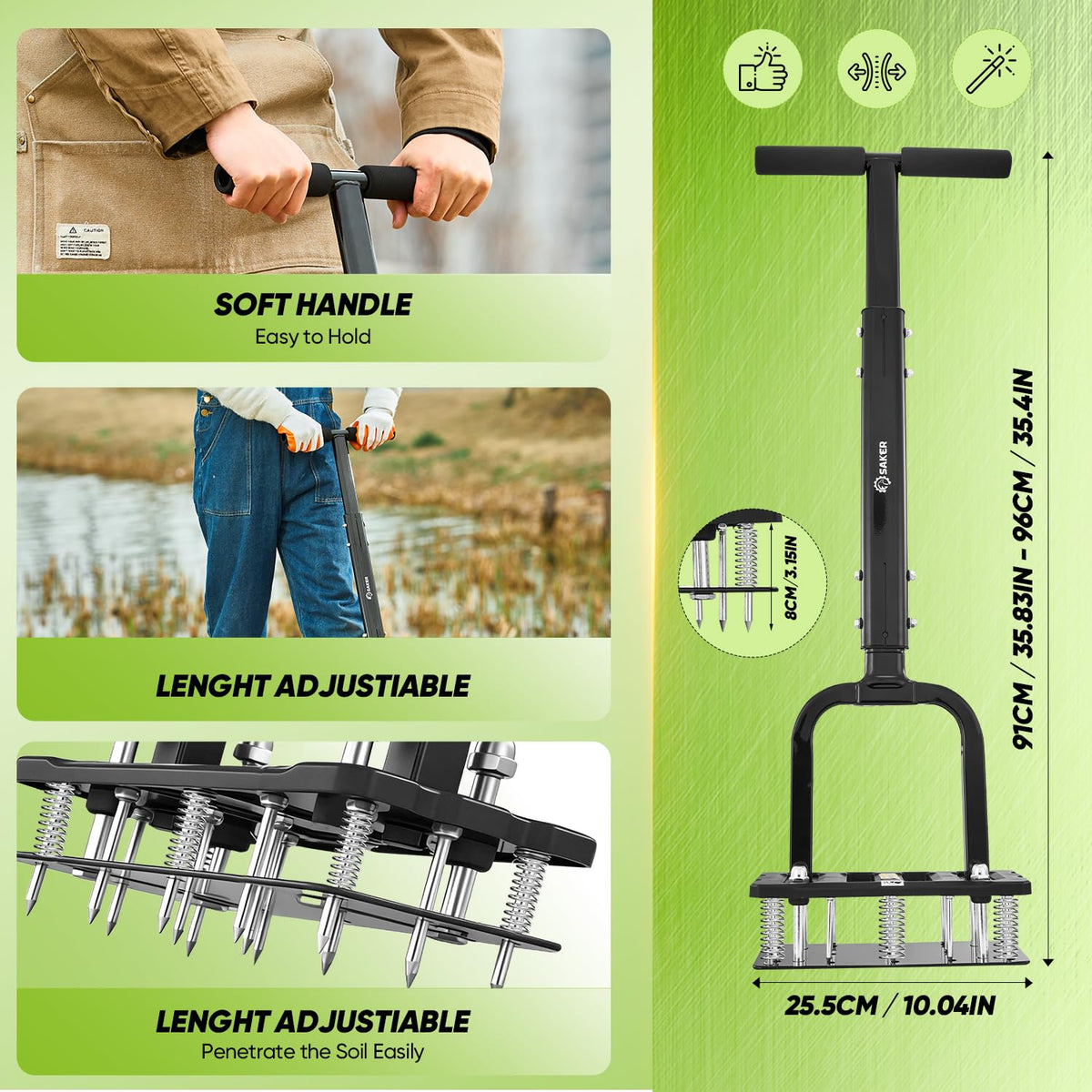 Thickened metal construction on Saker lawn aerator for durability.