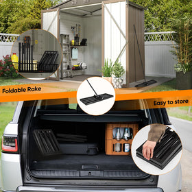 Saker rake stores compactly after quick assembly