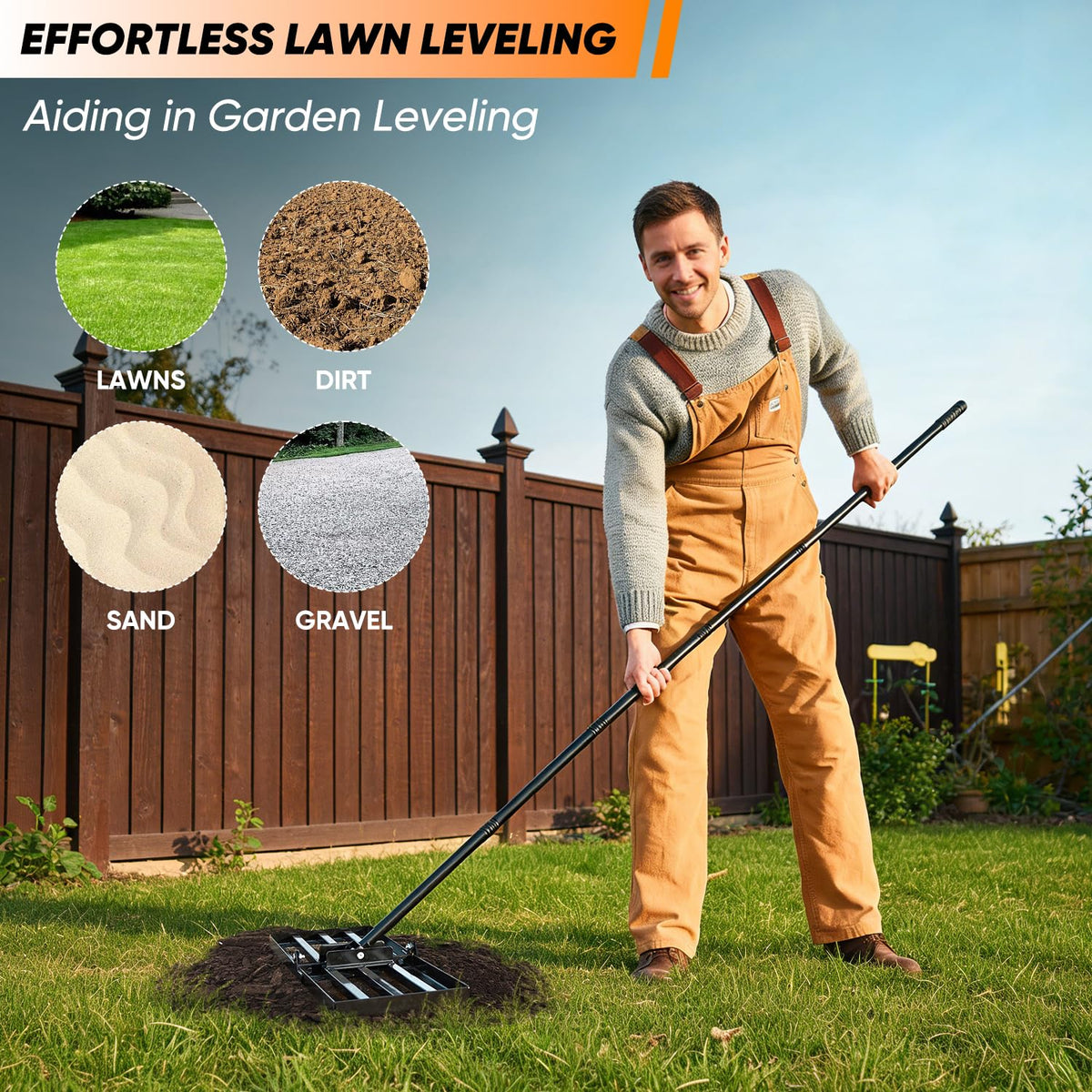 Saker lawn leveling rake 73-inch handle provides extended reach and reduced bending