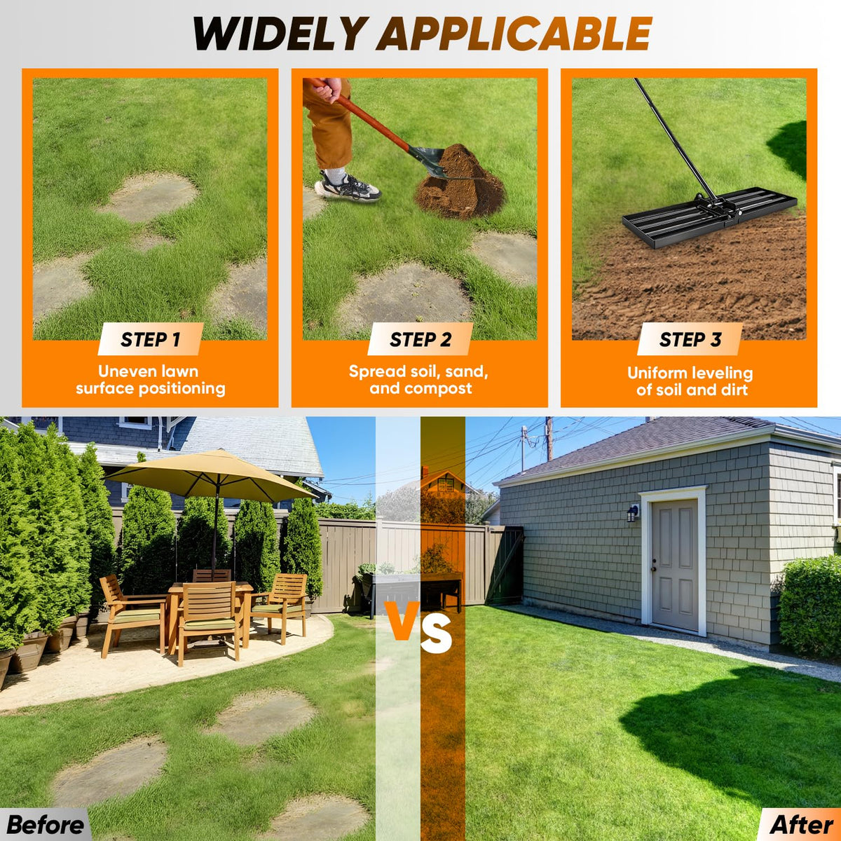 Saker leveler distributes topsoil evenly across lawns and gardens