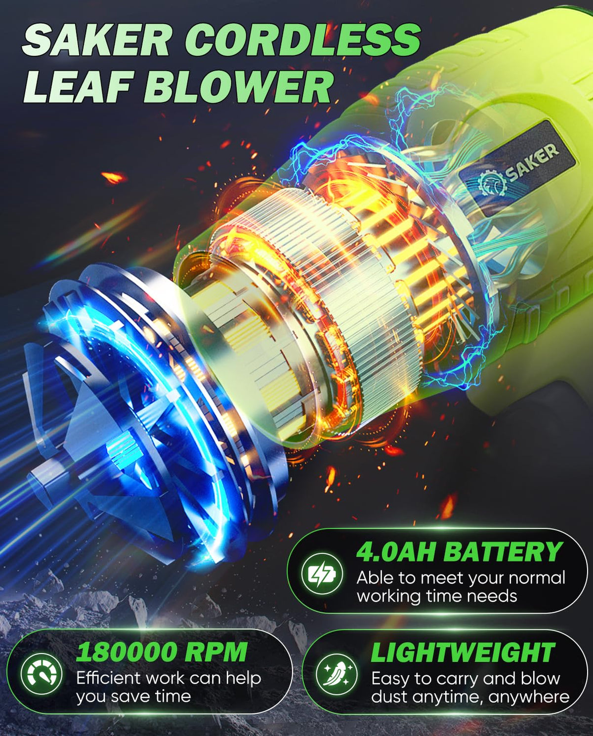Saker blower delivers 180000 rpm for fast outdoor debris clearing.
