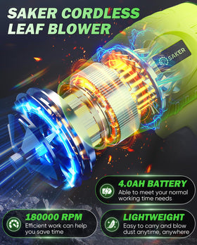 Saker blower delivers 180000 rpm for fast outdoor debris clearing.