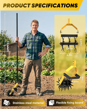 Saker lightweight manual tiller offers controlled soil loosening portability