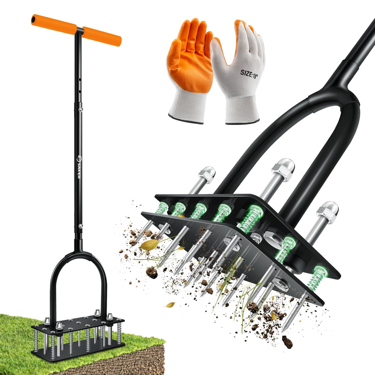 Saker manual lawn aerator with 15 spikes penetrating soil for better aeration.