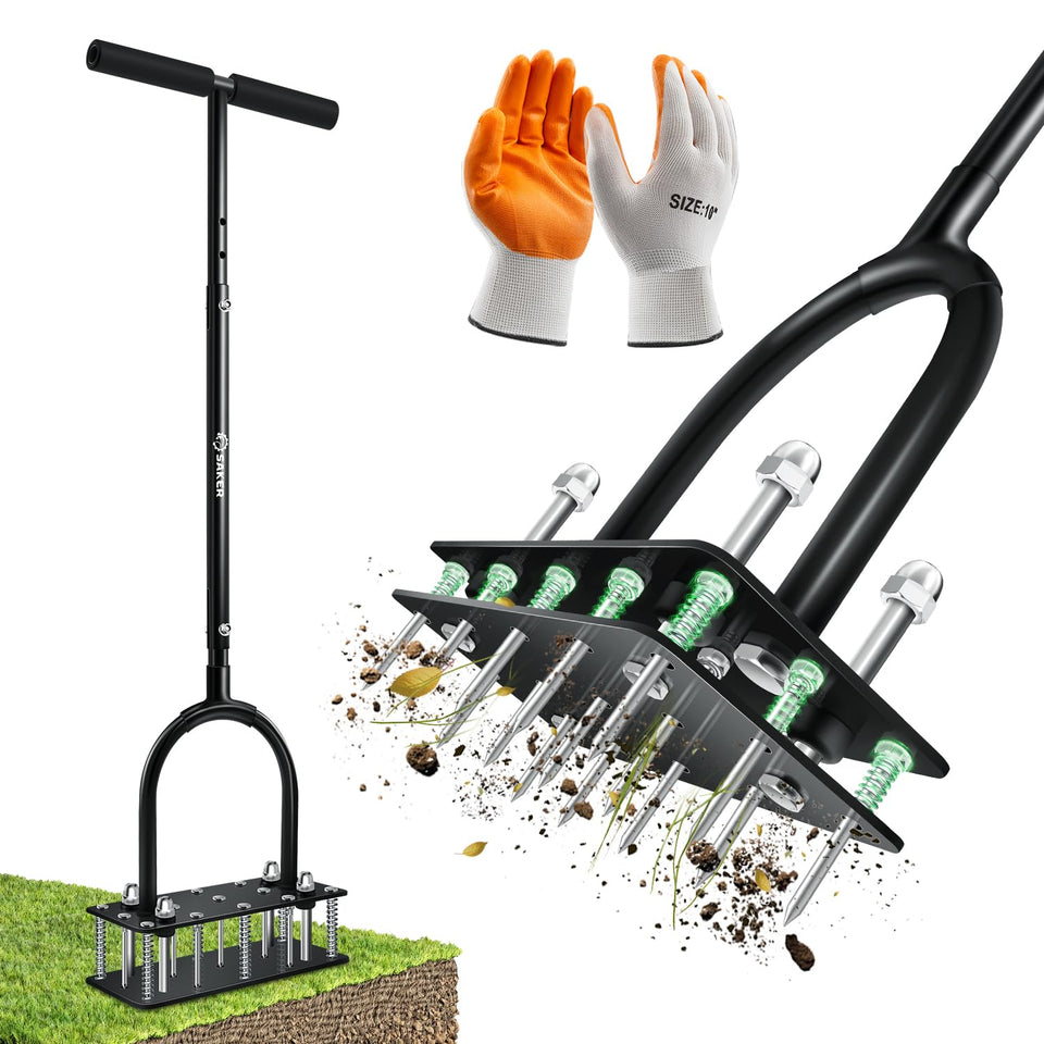 Saker manual lawn aerator with 15 spikes for deep soil penetration
