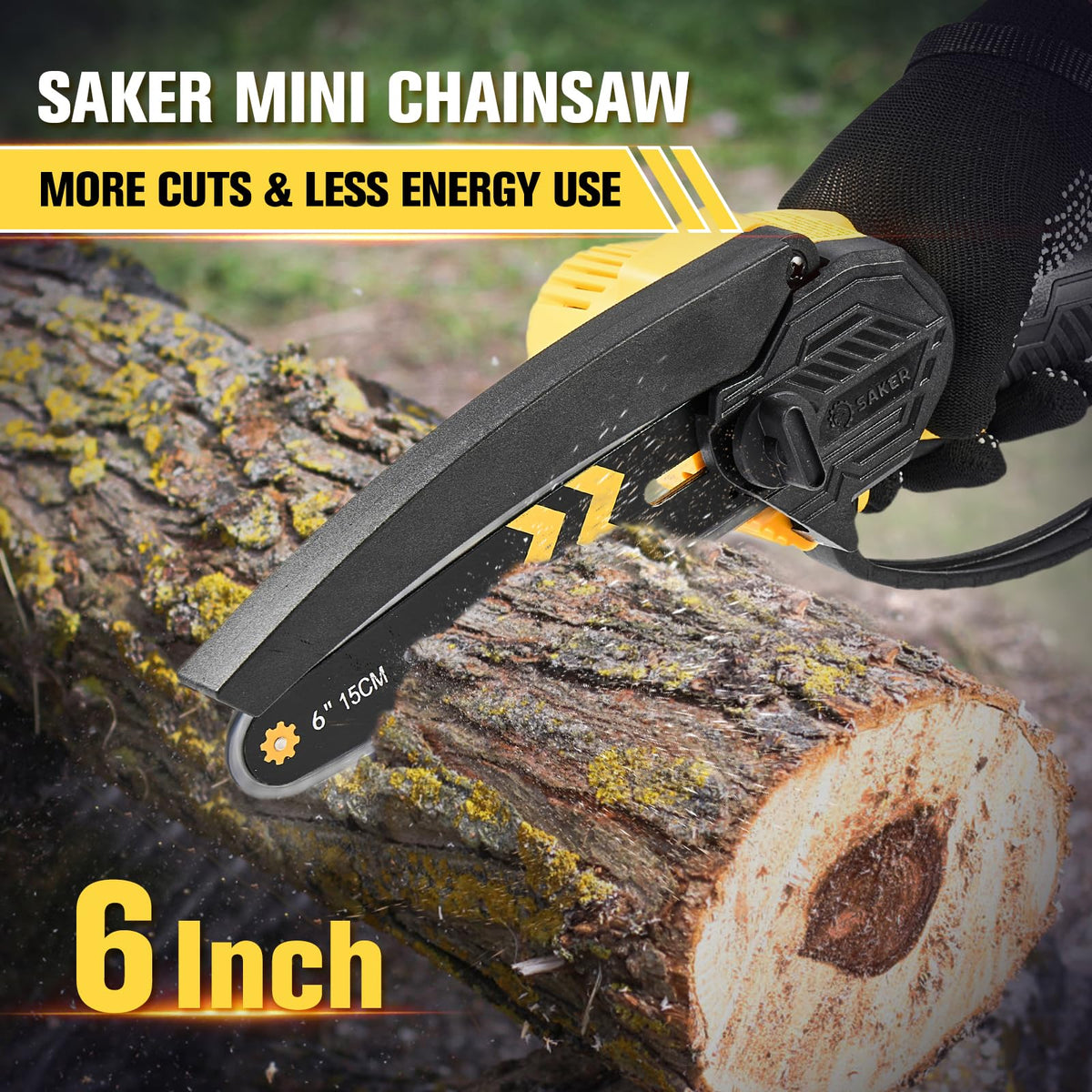 Saker mini chainsaw 6-inch bar in action for fast cutting