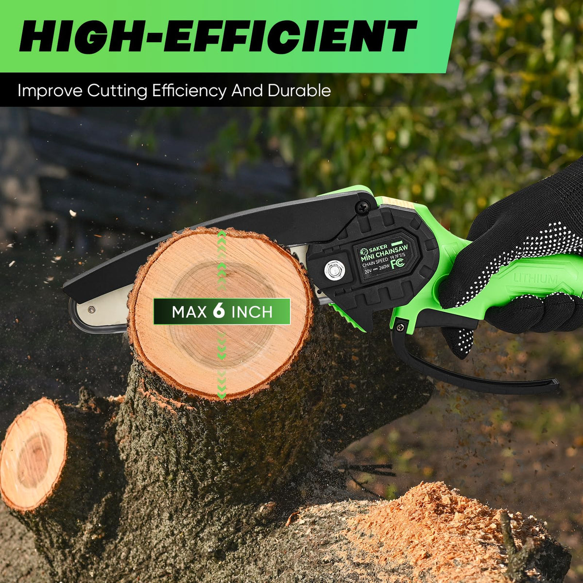 Saker mini cordless chainsaw in action delivering quick clean cuts
