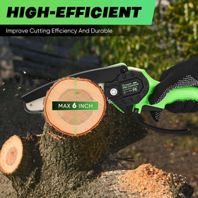 Saker mini cordless chainsaw in action delivering quick clean cuts