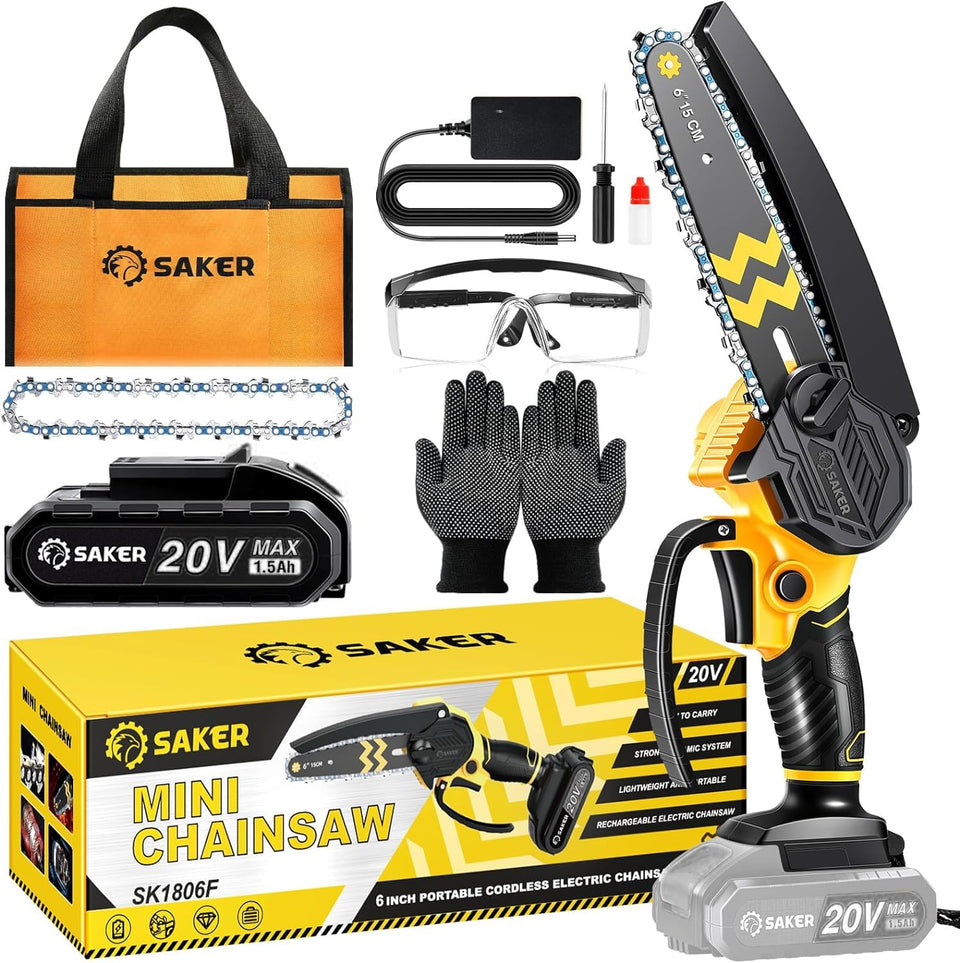 Saker mini chainsaw motor closeup highlighting high torque for longer runtime