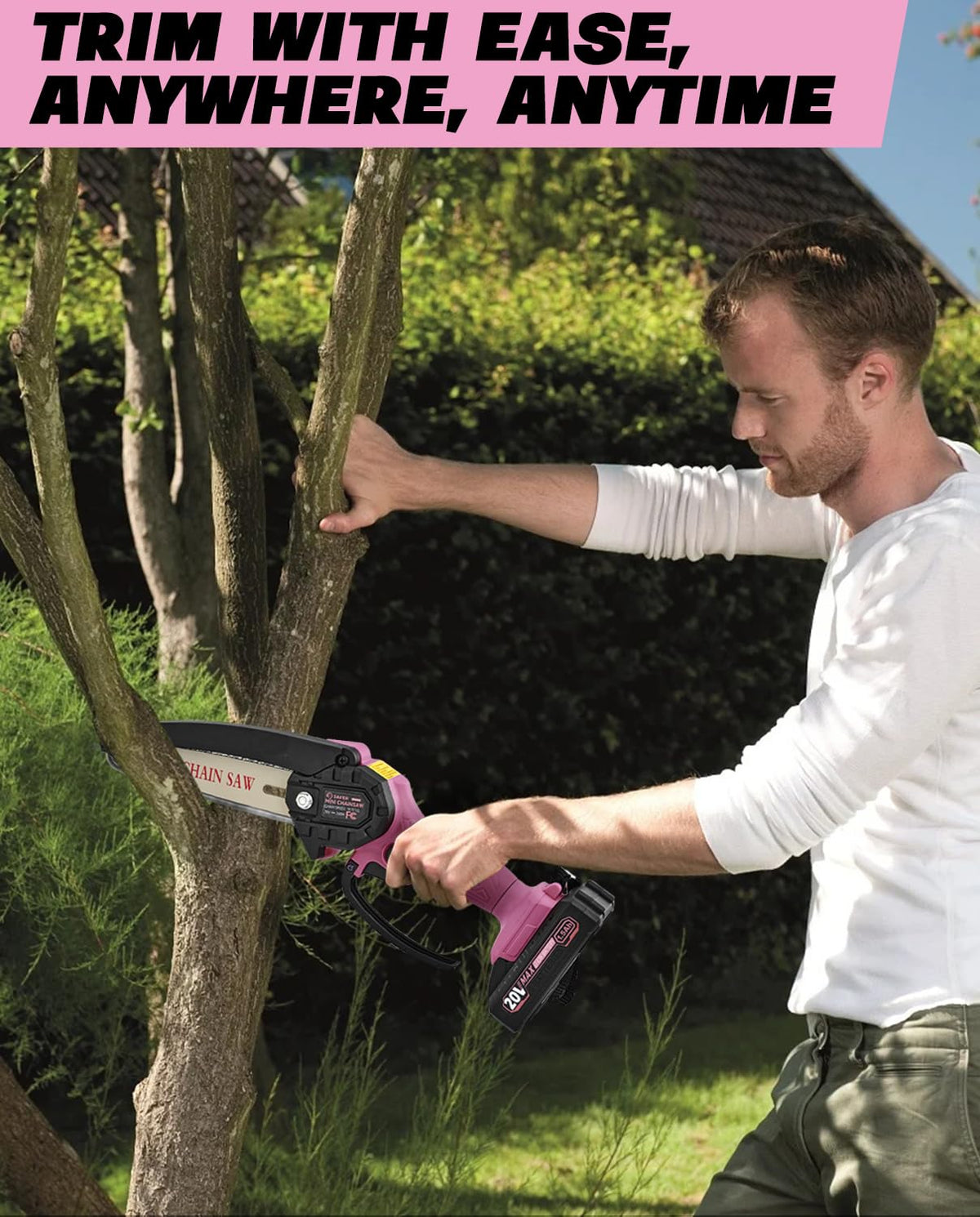 Saker Mini Chainsaw in garden setup for DIY pruning tasks