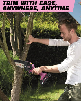 Saker Mini Chainsaw in garden setup for DIY pruning tasks