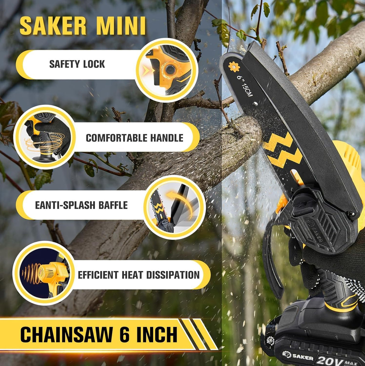 Saker mini chainsaw safety switch and guard ensuring secure operation