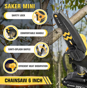 Saker mini chainsaw safety switch and guard ensuring secure operation