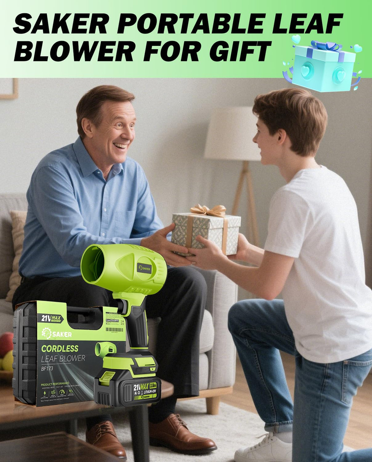 Plastic toolbox stores blower and accessories as gift-ready packaging.