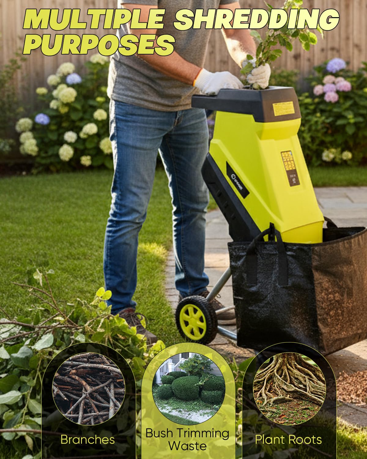 Saker portable chipper on 7-inch wheels for easy mobility