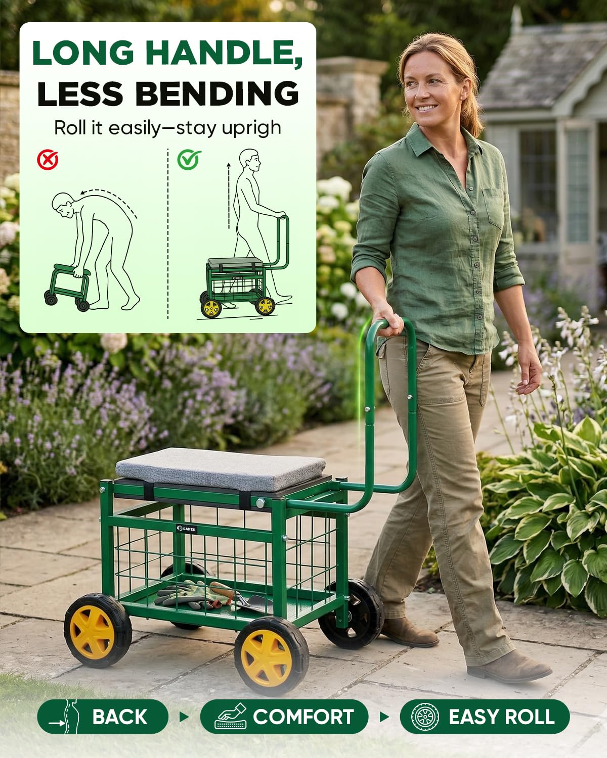 Saker rolling garden cart with 500lb steel frame for durability