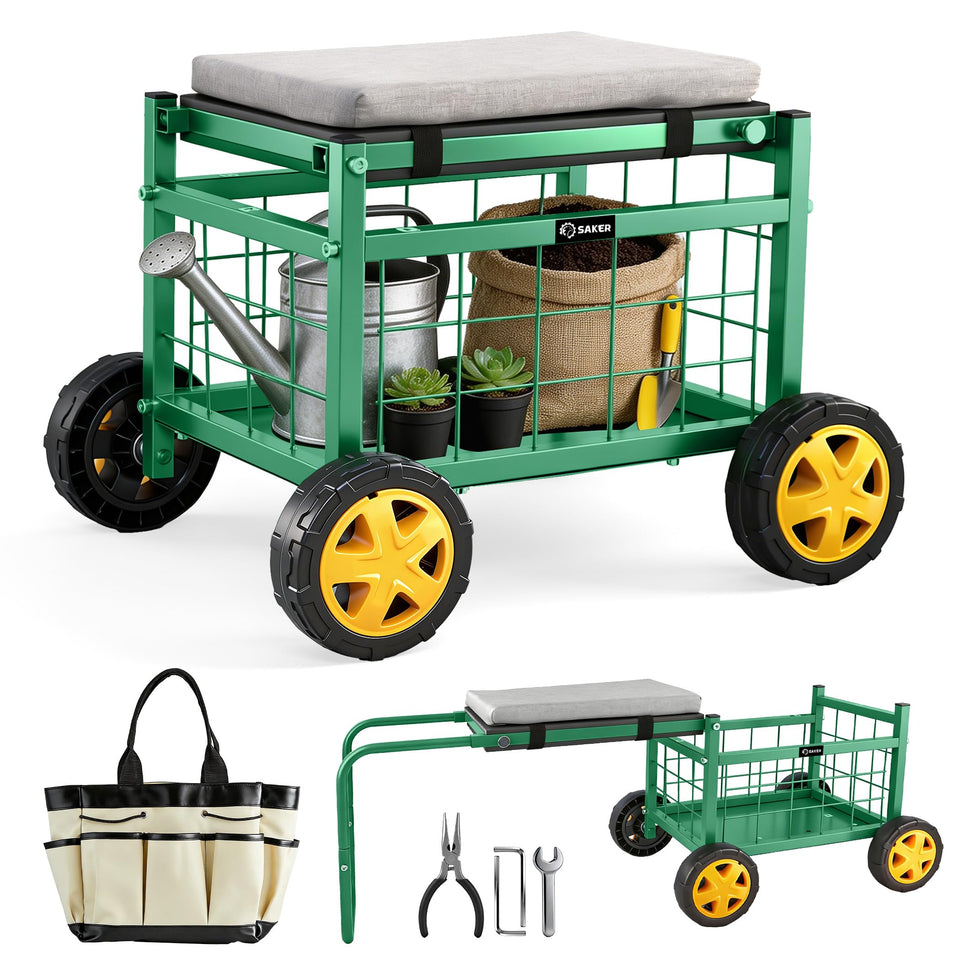 Saker rolling garden cart seat with EVA padding for comfortable gardening