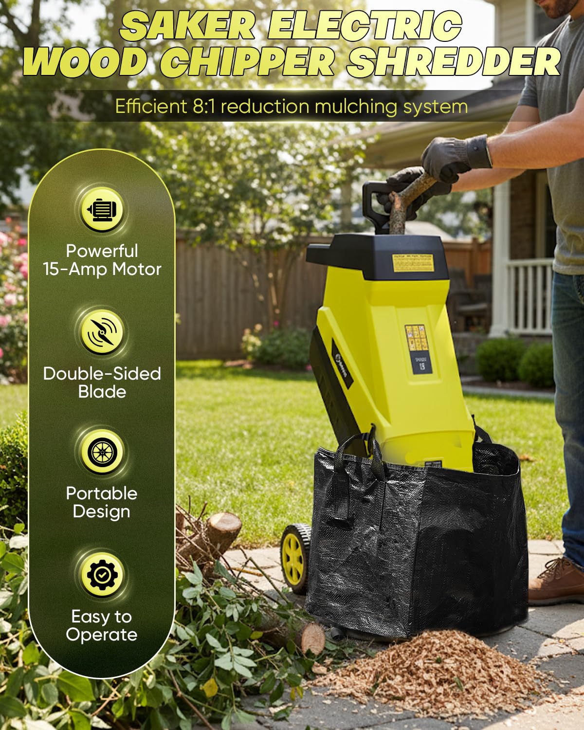 Saker wood chipper with 12-gallon collection bag for tidy debris collection