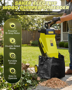 Saker wood chipper with 12-gallon collection bag for tidy debris collection