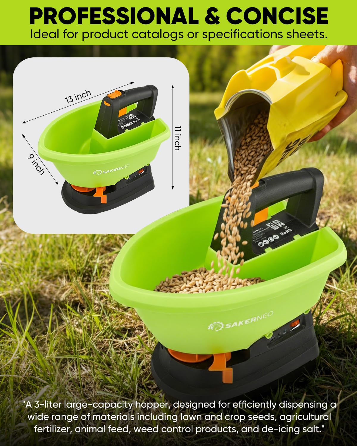 SAKERNEO battery-powered spreader evenly distributes seeds and fertilizer.