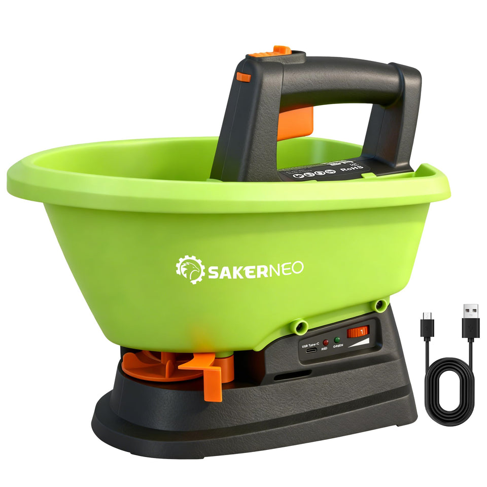SAKERNEO handheld spreader with a 3L hopper for precise application.