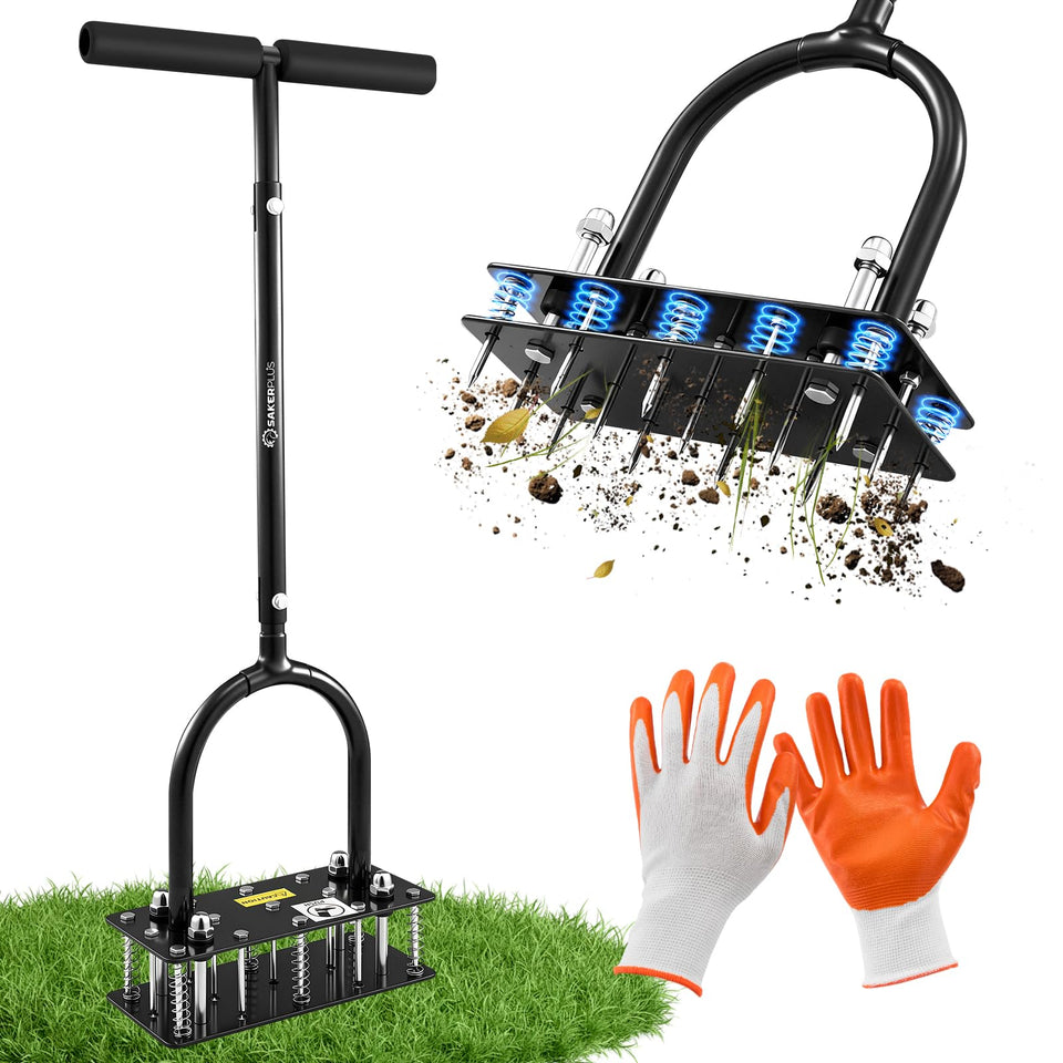 SakerPlus aerator with foot pedal for stable operation on lawns.