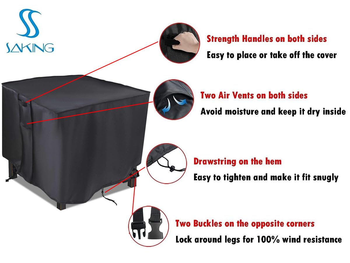 Saking fire pit cover demonstrating universal fit for 28-30 inch square pits