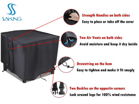Saking fire pit cover demonstrating universal fit for 28-30 inch square pits
