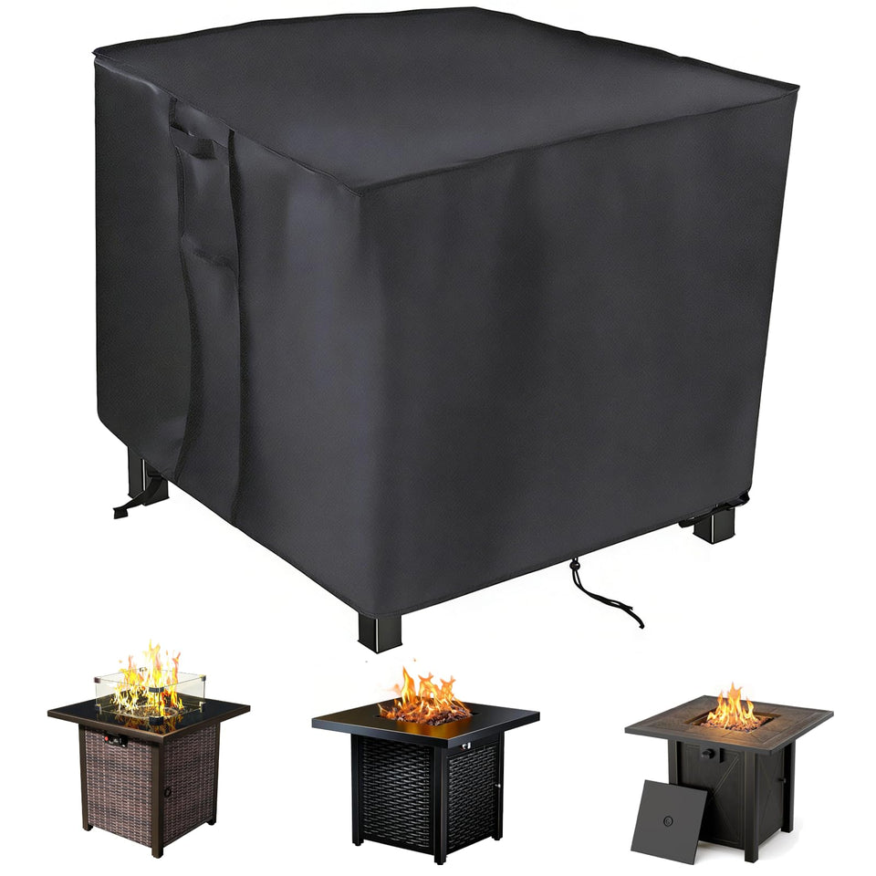 Saking fire pit cover with waterproof undercoating protecting a 30x30 inch table