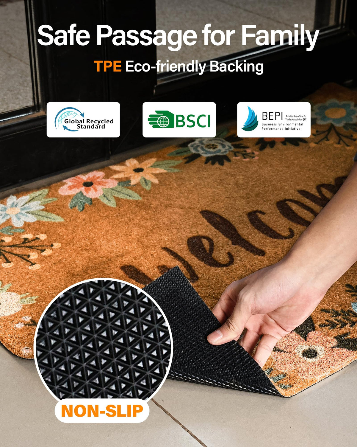 SAKSUN door mat with non slip TPE backing stays in place outdoors