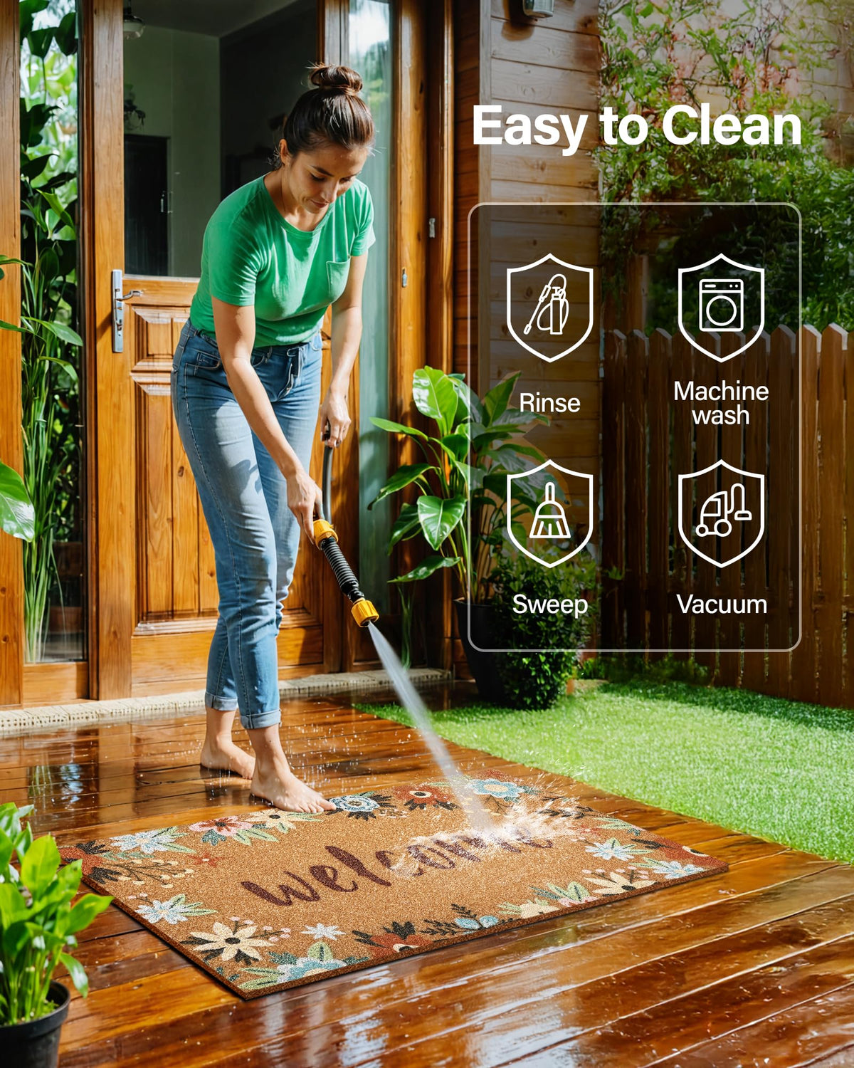 SAKSUN mat easy to vacuum, shake, or hose for quick cleaning